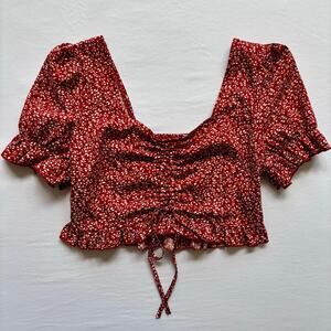 Prairiecore Crop Peasant Top Milkmaid Cottagecore Red Floral Cinch Tie Medium